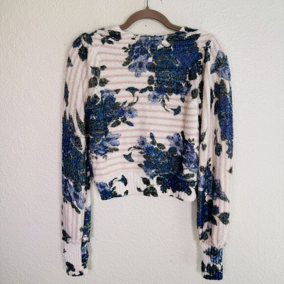 Free People Bed of Roses Sweater Womens XS Floral Stripe Crop Retro Boho Western - Picture 2 of 10